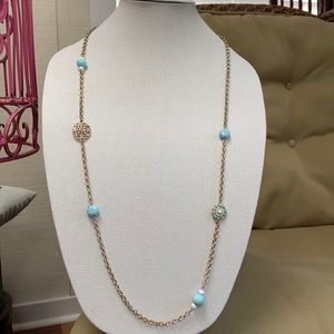Long blue and gold chic resort layering necklace